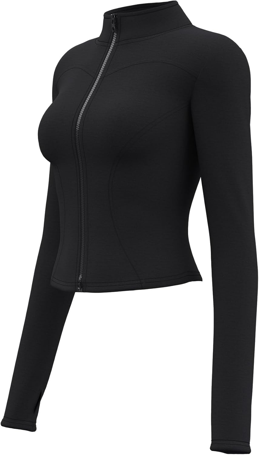 Women's Athletic Full Zip Jacket, Black, Long Sleeve, High Neck, Fitted Workout Running Yoga Top - Image 6