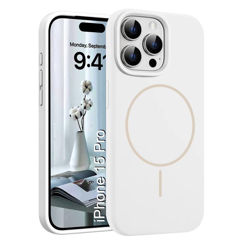 Image of LuxuryKase Silicone Magnetic Case for iPhone 15 Pro | Soft Microfiber Lining | MagSafe Support | Shockproof Protective Cover | Precise Cutouts | Slim Fit Design - White