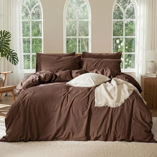 OURJOY 100% Linen Blend Duvet Cover, Soft 3pcs Bedding Set with Zipper Closure, Natural Texture, Breathable for Hot Sleeper,Comforter Not Included(Chocolate Brown,King(104 * 90))