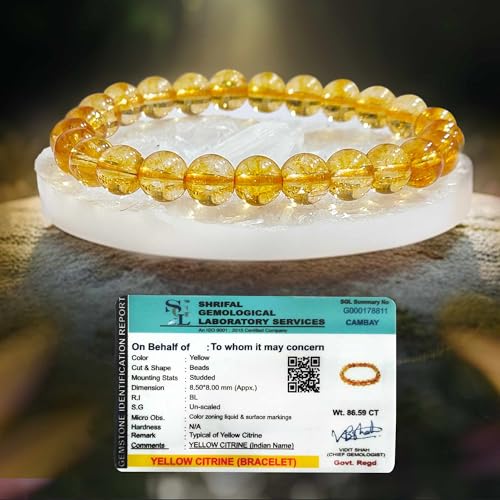 Image of SOLAVA Citrine Bracelet Original Certified with Selenite Plate | Yellow Citrine Crystal Stone Bracelet for Men & Women | Natural 8mm Beads for Money, Success & Energy Cleansing
