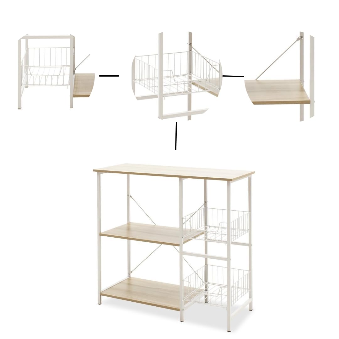 Meyvaser Estanteria de Cocina, Estantería para Microondas con 2 Cestas de Malla Metálica Blanca, 3 Estantes y Ganchos 80x34x75cm Color Madera y Blanco