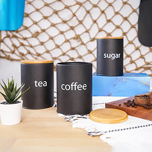 Sotech Metal Food Storage Jar Farmhouse Coffee Canisters With Bamboo Lids,Black Kitchen Canisters Set Of 3 Decorative Canisters For Kitchen Counter,Home Decor,Sugar Coffee And Tea Container Set #TOP3