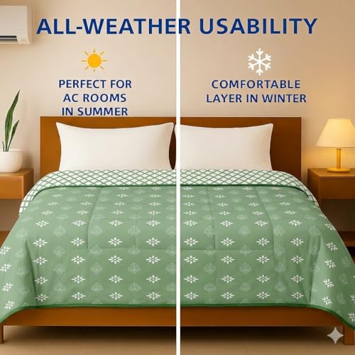 Image of Danip 100% Cotton Reversible AC Dohar Blanket, Throw - Printed Soft, Skin-Friendly, Lightweight & Ideal for All-Weather - 3 Layered Single Bed Dohar for AC Rooms (56 x 88 Inches) - L Green & White