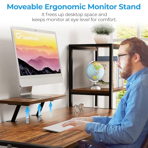 GreenForest Computer Desk 58 inch with Printer Shelf, Reversible Office Desk with Monitor Stand and 2 Hooks, Home Desk Workstation for Study Writing Working Gaming, Brown - Thumbnail 7