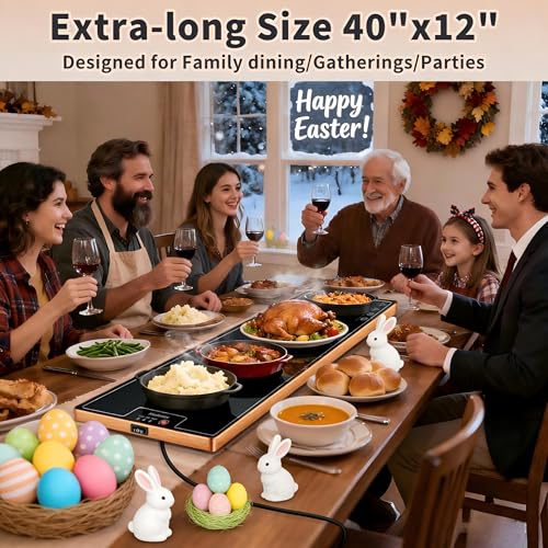 Image of Warming Mat for Food (Extra Long 40 inchx12 inch), Electric Warming Trays for Buffets Party & Daily Use with Golden Edges, Temperature Adjustable & Full Surface Warm Tempered Glass Food Warmer Mat, Black