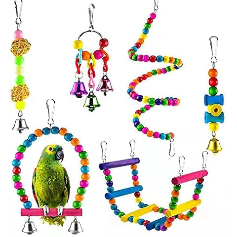 Impatiens Pack of 6 Bird Toy Chew Toy Swing Bird Cage Toys Birds Chew Toy Colourful Natural Wood for Small Parakeets Cockatiels Parrots Finches Cover