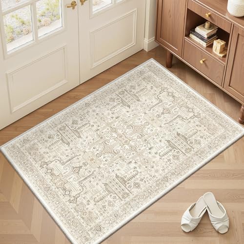 Washable 2x3 Entryway Area Rug - Small Non Slip Vintage Kitchen Runner Rugs Indoor Entrance Soft Neutral Stain Resistant Bathroom Mat Farmhouse Carpet for Bedroom Living Room Entry Laundry 2