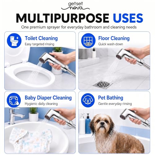 Image of Anti-Clog Jet Spray for Toilet with 1.5 Meter Pipe, ZeroBlock Silicone Nozzles, High Pressure Health Faucet, Leak-Proof Stainless Steel Jet Spray Gun, Bathroom Bidet Spray Full Set, Chrome