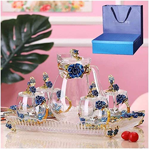 Teapots Teapot Stemless Wine Glasses Tea Set Water Cup Tea Cup Teapot Enamel Cup Crystal Cup Home Office Cup Set Gift Box Creative Gift/14 Piece Set (Color : Blue)