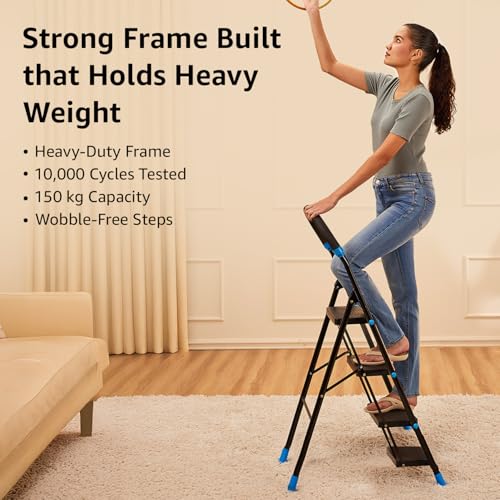Image of Amazon Basics Curvo-Foldable Step Ladder, Ribbed Steps, Knee Guard, Non-Marring PVC Shoes, 4 Steps (Black & Blue)