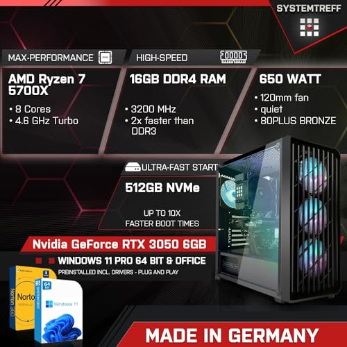 SYSTEMTREFF PC Gamer Basique AMD Ryzen 7 5700X 8x4.6GHz | Nvidia RTX 3050 6GB | 512Go M.2 NVMe | 16Go DDR4 RAM | Windows 11 | Ordinateur de Bureau WLAN pour Les Joueurs, Les Gamers – Image 3