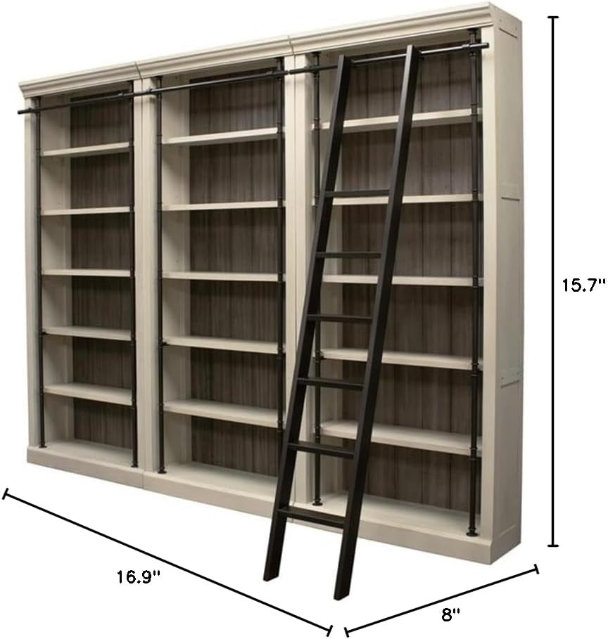 Pemberly Row 8 ft Tall Wood Bookcase Wall with Ladder, White Finish, Solid Wood Construction, Adjustable Shelves, Decorative Metal Ladder, Fits 8 ft Ceilings, Elegant Home or Office Shelf Unit
