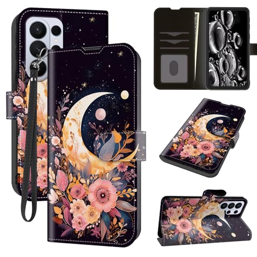 ACWDMKH for Samsung Galaxy S26 Ultra Case Walle with Card Holder Slots & Wrist Strap & Kickstand Flip Folio Leather Magnetic Protective Shockproof Rugged Heavy Duty Cover,Pink Flower Moon