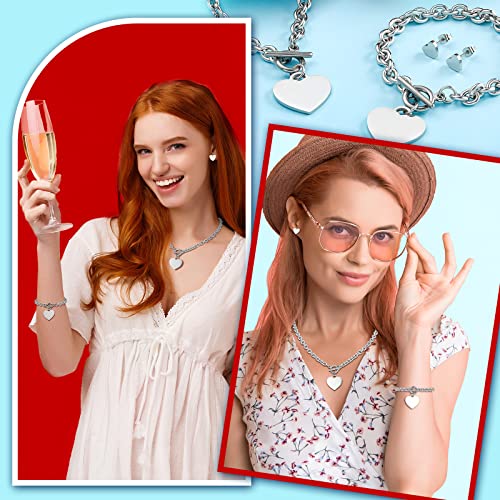 Bucherry 3 Pcs Heart Jewelry Set Heart Pendant Chain Toggle Necklace with Bracelet Earrings Stainless Steel Link Chain for Women Christmas Valentine Gift4