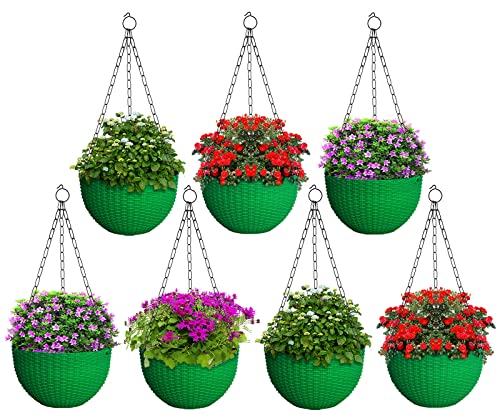 Image of Heat Home Plastic Hanging Flower Pot for Balcony & Railing Set (Green, Set of 7)