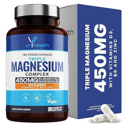 Vegan Magnesium Supplements with Zinc, 180 Capsules, Triple Magnesium Complex Supplement Plus Vitamin D, B6 & Copper, Vegan Society Registered, Made in The UK by YrHealth