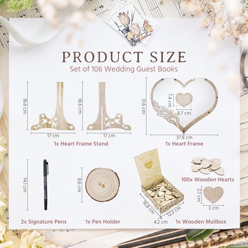Image of Wedding Guest Book Alternative, Rustic Heart Shaped Wooden Guest Book with 100 Wooden Hearts Tree for Wedding Party Birthday, Personalized Wedding Decor with Guest Sign-In Box & Heart Frame for Photo