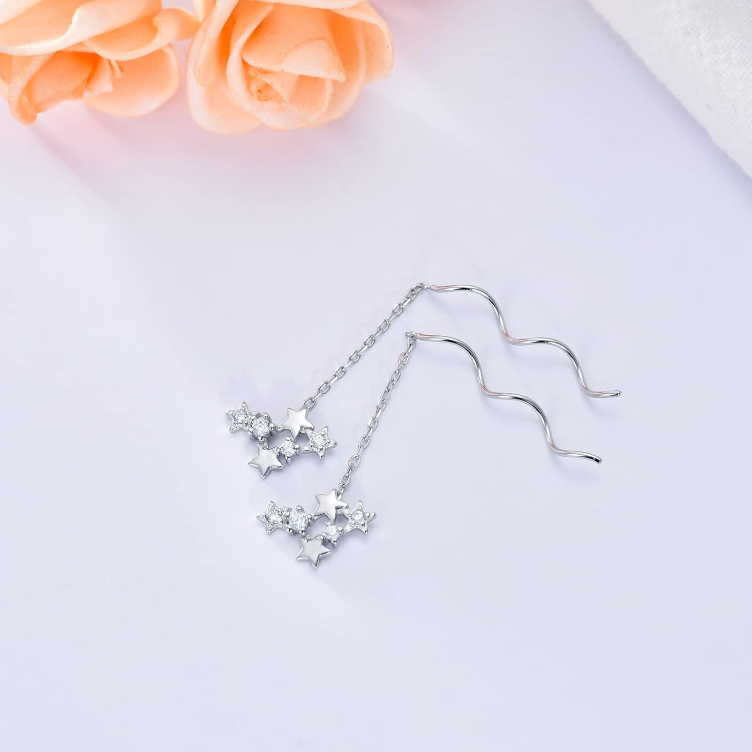 VONALA Moon Star Threader Earrings Sterling Silver Long Earrings for Women Hypoallergenic Tassel Chain Earrings for Teen Girls - Image 4