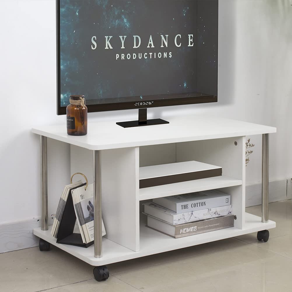 BAKAJI Carrello Porta Tv Bianco con 4 ruote Mobile orizzontale basso per Televisore Legno MDF Carrello Tavolino Moderno di Design Arredamento con Ripiani Mensole Portaoggetti Funzionale