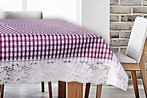 Image of The Furnishing Tree Waterproof PVC Rectangle Shaped 12 Seater Table Cover WxL 60x140 inches Pin Check Pattern Voilet with White Border lace