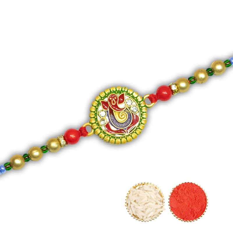 Image of Canton Rakhii With Chocolate Gift Combo, Pack of 3 Designer Rakhi For Brother With Chocolate Gift, Roli & Greeting Card (Design-12, Rakhi With Cadbury)