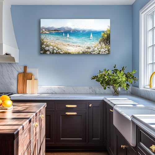 SERIMINO Coastal Landscape Large Wall Art, Beach Daisy Canvas Art Prints, Bay Sailboat Artwork for Walls, Nature Ocean Scenery Paintings Wall Decor Living Room Bedroom, Rustic Home Decor 20"X40"