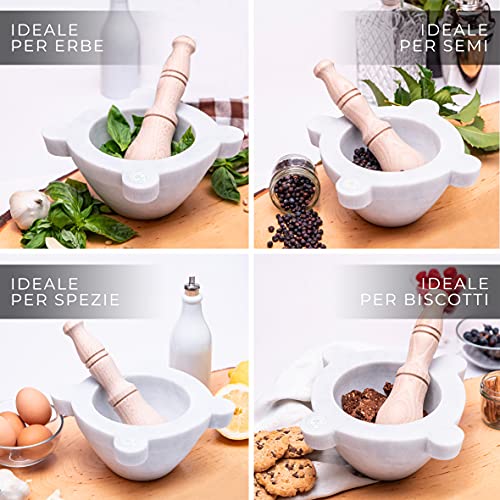 Mortaio in Marmo Bianco Carrara Bembo con Pestello...