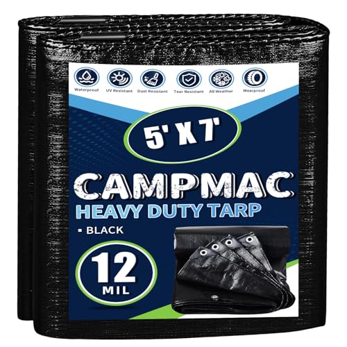 CAMPMAC Black Tarps Heavy Duty Waterproof 5x7 12 Mil Thick High Durability Rip and Tear Resistant with Metal Grommets Every 20 Inches