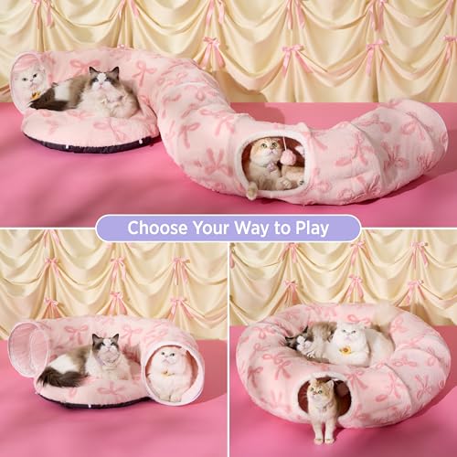 Image of Lesure Large Cat Tunnel Bed - Cute Donut Bed for Indoor Cats with Washable Circle Cushion, Round Pet Peekaboo Cave Toy for Multi Kitten /Puppy /Rabbit, Large Pink Taffy