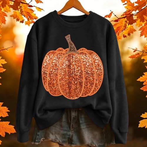 Pumpkin Sweatshirt Women Sequin Oversized Crewneck Halloween Sweatshirts - image 3