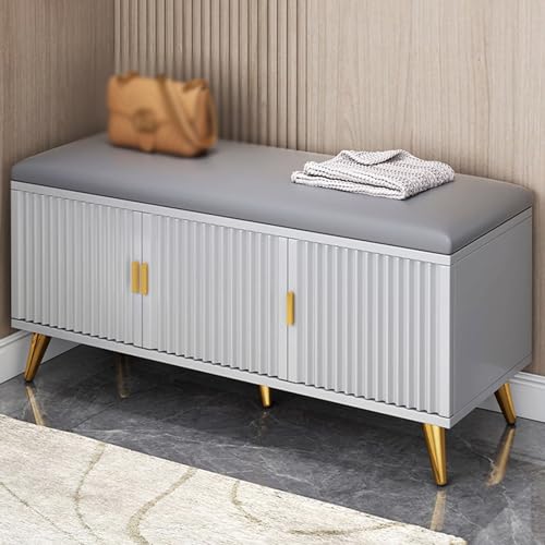 Elegante banco de pasillo gris con 2 cajones y cojín acolchado, mueble de almacenamiento oculto para entrada, zapatero moderno (tamaño: 90 x 30 x 50 cm)