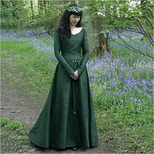 Fnho Vintage Halloween Renaissance Costume Robe,Robes Médiévale Parti Costume,Robe médiévale Classique, Robe à Manches Longues col Rond-Vert_S Cover