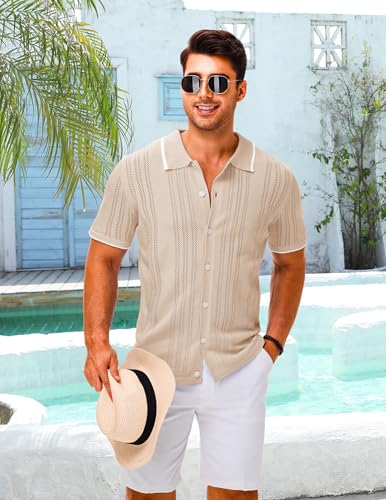 LETSEE Mens Short Sleeve Button Down Shirts Knit Polo Shirt Summer Beach Tops Resort Wear 20252