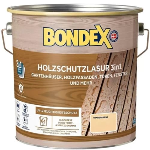 Bondex Holzschutzlaur 3in1, 4 L für 64 m² / Farblos / Wasserbasierende Lasur / Filmschutz, Grundierung und Endbeschichtung / Exzellenter UV- & Feuchtigkeitsschutz