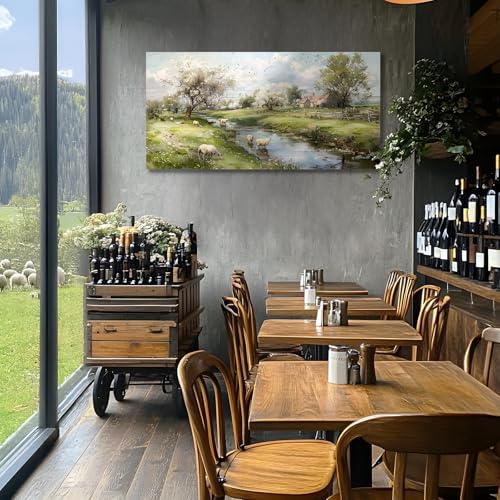 crmotu Landscape Wall Art, Nature Wall Art, Large Wall Decor, Sheep Pasture Painting Wal Prints, River Country Canvas Pictures for Living Room Bedroom Bahroom Farmhouse Cottage 24"X48"