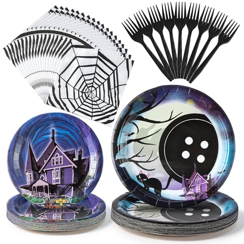 BOpusail 96P Starry Night Ghost House Party Tableware Set Party Supplies for Kids Birthday School Spooky Night Button Eyes heme Serves 24 Guests Disposable Dinnerware Paper Dessert Napkins Forks