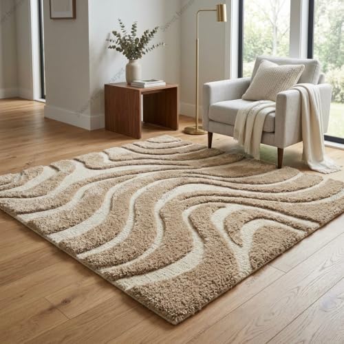 Image of SWEET HOMES Luxury Abstract Shag Rug, Thick Soft Area Carpet for Living Room, Bedroom, 4 x 6 Feet (122 x 183 cm), Ivory /Beige Hi