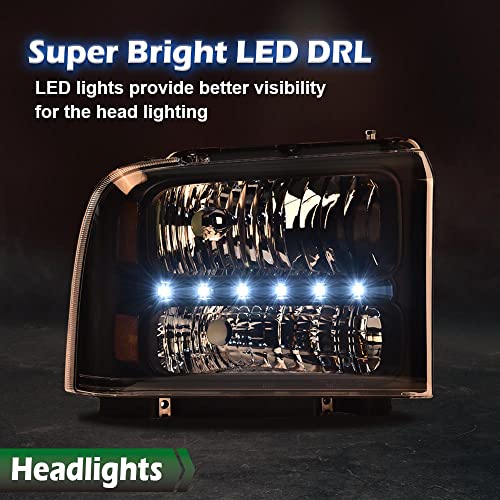 Image of GRAND ORANGE LED DRL Headlights Assembly, Compatible with 2005 2006 2007 Ford F250 F350 F450 F550 Super Duty bumper Headlamp, Amber Corner Headlight(Clear lens Black Housing Amber Reflector)