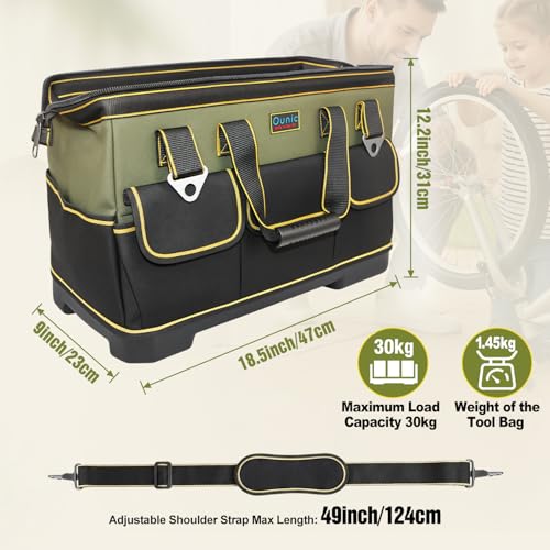 Image of Tool Bag, Ounic 18 Inch Large Tool Tote Bag Heavy Duty With Waterproof Molded Base, Wide Mouth Tool Box Organizer with Adjustable Shoulder Strap for Electrician Mechanic Craftsman Plumbers(Green)
