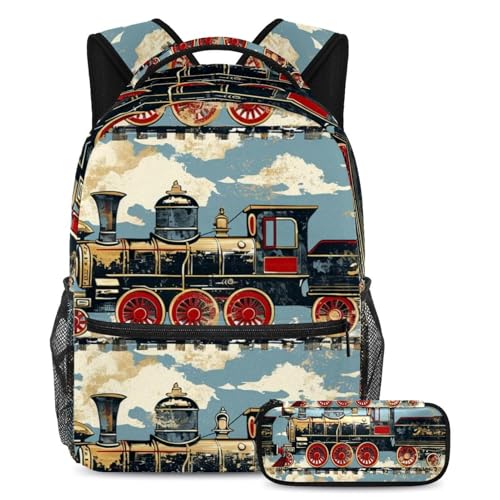 Sac à dos enfant moteur à vapeur vintage grand format avec trousse filles garçons