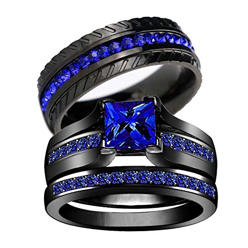 Two Rings His and Hers Couple Ring Bridal Set His Hers Women 3pc Black Gold Plated Blue Sapphire Cz Man Stainless Steel Wedding Ring Band Set