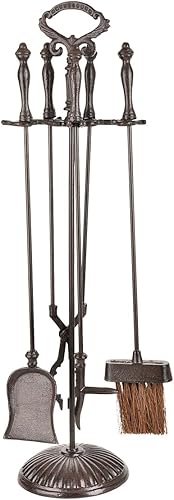 Sungmor Juego de 5 herramientas para chimenea de hierro fundido, juego de herramientas de fuego grande de alta resistencia, soporte de fuego marrón