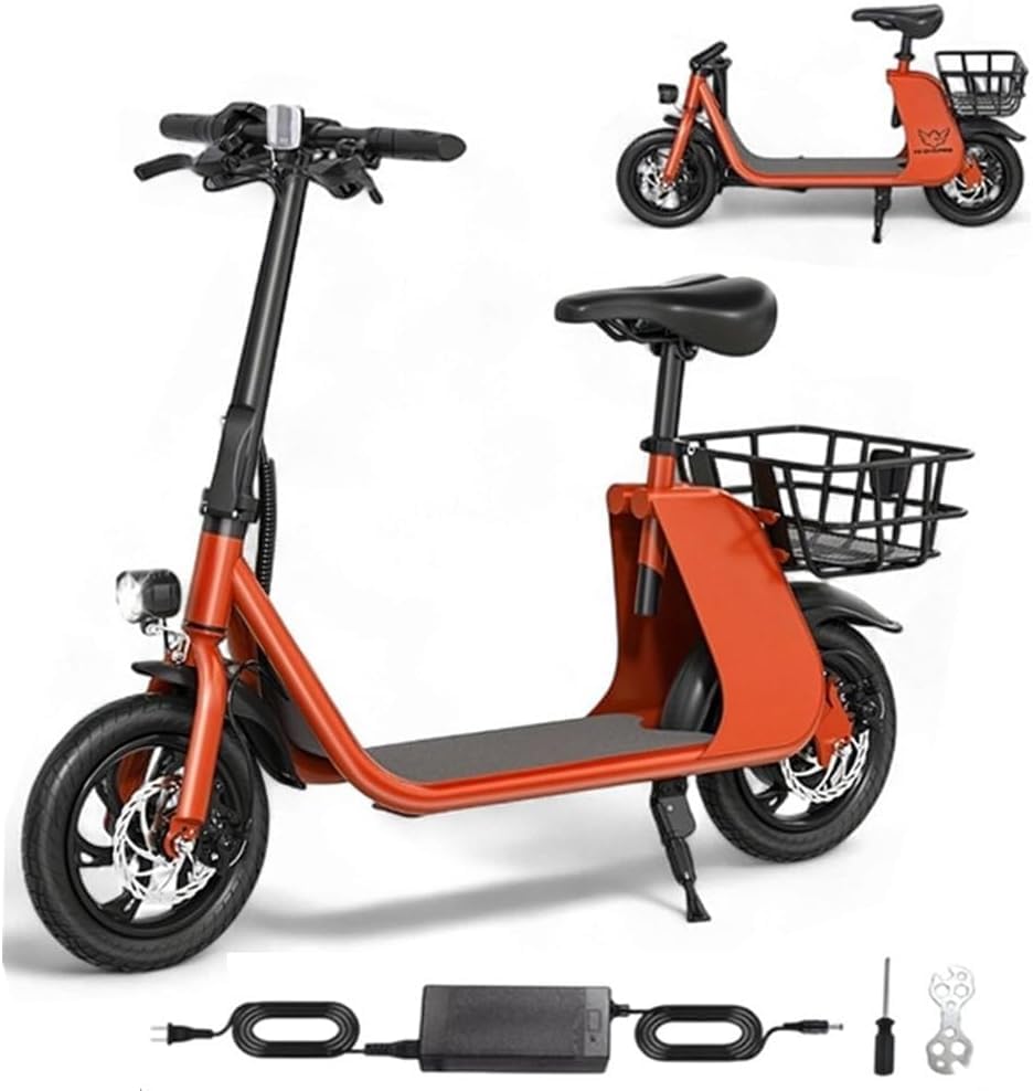 Adult Foldable Electric Bike E-Bike, 450W Brushless Hub Motor, 36V 8AH Battery, 25-35 KM/h Speed, Carbon Alloy Frame, Disk Brakes, 12.5” Tires, Rear Basket, Unisex E-Scooter with Seat
