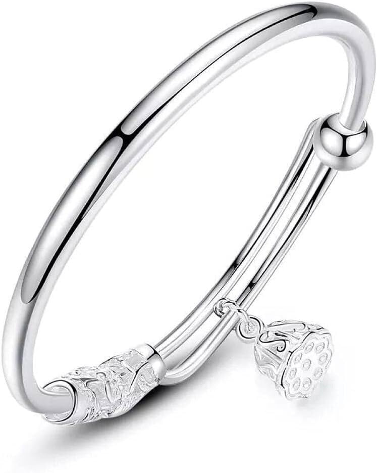 Bracciale regolabile,bracciale in argento sterling,bracciale da donna in argento 925 tubo tondo cinese modello radice di loto bracciale rigido braccialetto dell'amicizia gioielli in argento da donna r