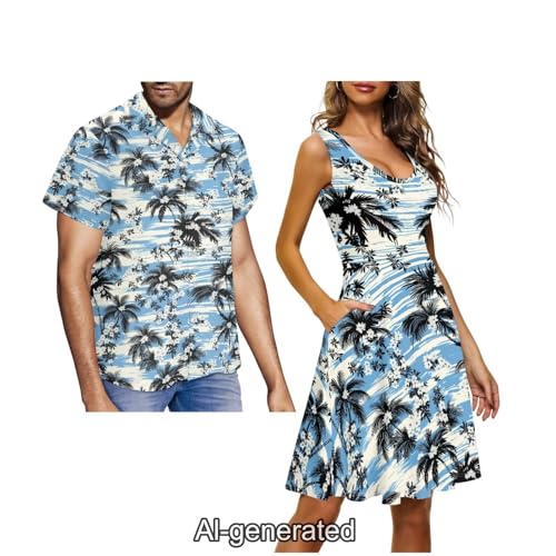 Image of Dreaweet Summer Dresses for Women A-Line Sleeveless Flowy Sun Dresses,Men's Casual Button-Down Shirts,Couple Matching Outfits