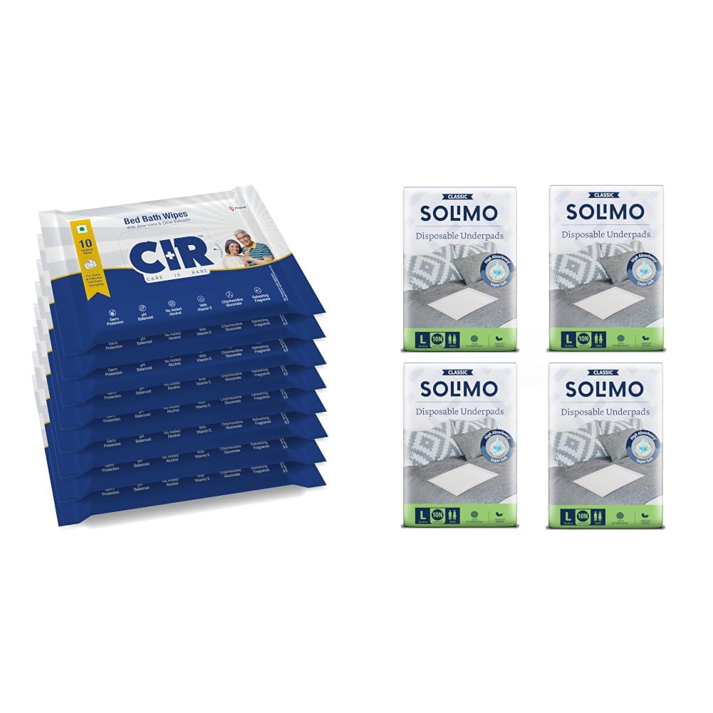 CIR Soft Body Cleansing Wet Bed Bath Wipes for Adults | Body Sponging | Extra Large, 10 Wipes/Pack (Pack of 8), 80 Wipes, White, One Size & Amazon Brand - Solimo Classic Disposable Underpads-image-45