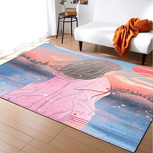 Cartoon Chica Alfombras Antideslizantes Alfombra Decorativa Gran Bohemio Nórdico Moderno Abstracto Arte Imprimir Decoracion para Living Comedor Dormitorio Cocina,60×39Pulgadas (152,4×99.1Cm) Cover