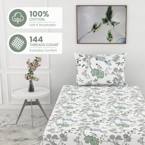 Image of LORETO - A QUALITY LINEN BRAND 144 TC 100% Pure Cotton Single Fitted Bedsheet with 1 Pillow Cover for 72 x 36 Inch Mattress, All-Around Elastic, 8 Inch Deep Pocket, Sage Green & Silver Blooms