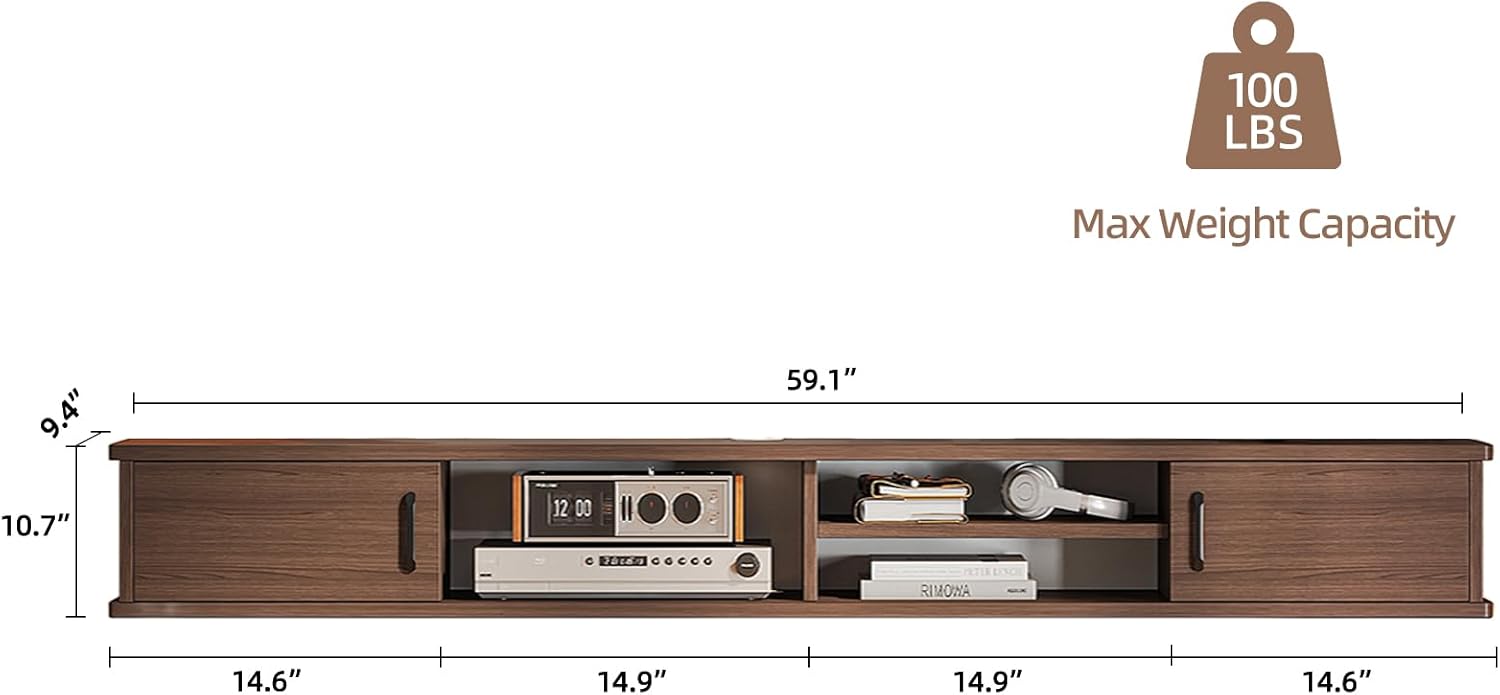 FurniNova Floating TV Stand,59'' Wall Mounted TV Console,Floating TV Shelf,Wall TV Cabinet,Floating Entertainment Shelf,Walnut