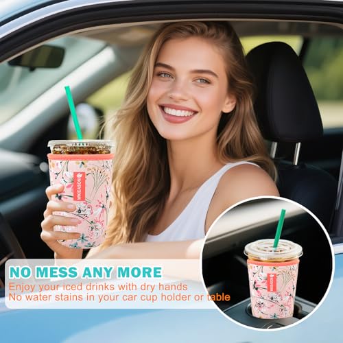 Image of WK IEASON Reusable Iced Coffee Cup Sleeve for Cold Beverages Universal Ice Coffee Sleeve Neoprene Iced Cup Sleeves Cooler Cover 16-32OZ for Cold Drinks, McDonalds, Dunkin Donuts, More (Flower Pink)